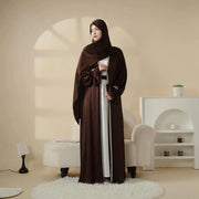 Poet Sleeve Satin Open Abaya With Matching Belt and Hijab (ABA009)